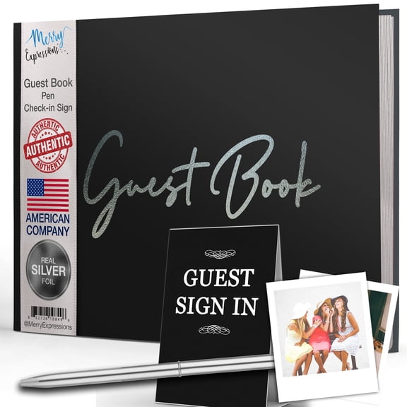 Black Guest Book & Pen – 9"x7" Hardcover 100 Page/50 Sheets - Silver Foil Gilded Edges for Guests & Visitors to Sign at Weddings, Party, Baby or Bridal Shower, Funerals, Memorials - Blank Left Page