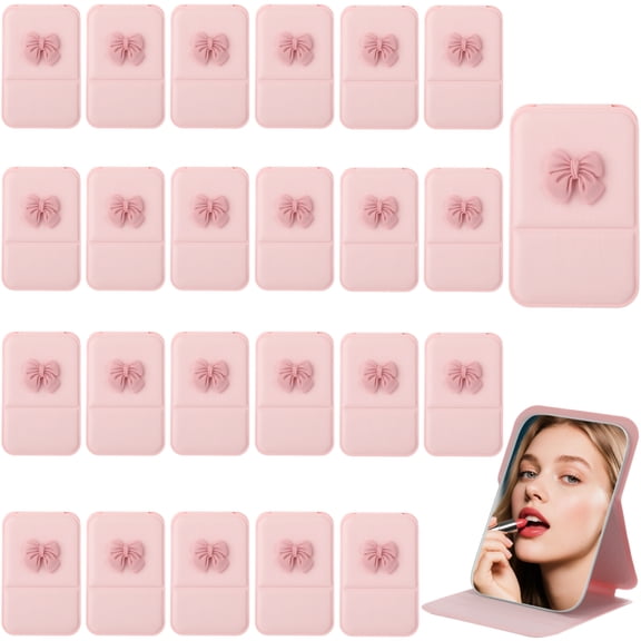 24 Pcs Compact Mini Mirror with Bow & PU Cover, Foldable Adjustable Stand, Portable Cute Preppy Aesthetic Travel Makeup Mirror for Party, Birthday, Wedding Favors, Pink
