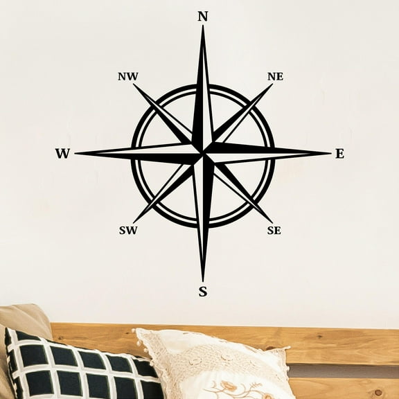 Compass Vinyl Lettering Wall Decal Sticker Nautical Self Adhesive Decals - Size: 20"H x 20"L - Color: Black
