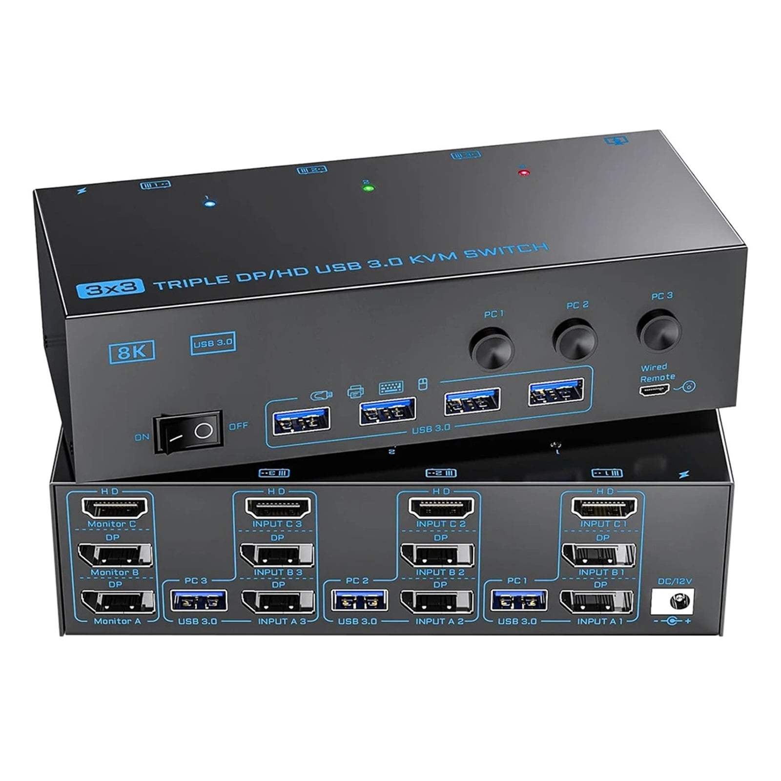 -compatible USB 3.0 KVM Switch 3 Monitors 3 Computers 8K60Hz 4K144Hz Triple Monitor KVM with 4 USB 3.0 Ports KVM Tripl