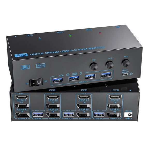 -compatible USB 3.0 KVM Switch 3 Monitors 3 Computers 8K60Hz 4K144Hz Triple Monitor KVM with 4 USB 3.0 Ports KVM Tripl