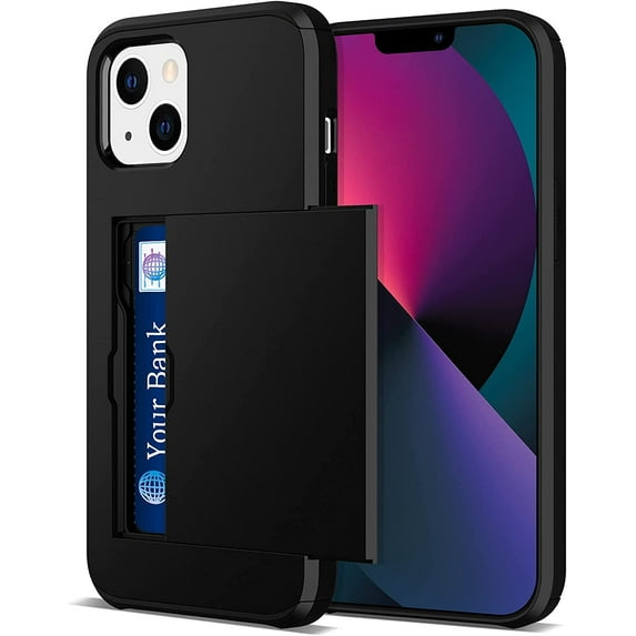 compatible with iPhone 13 Mini Case, Credit Card IDs Holder Wallet Back Pocket Slide Cover Card Slot Dual Layer Bumper Shell Rubber Cover Phone Case designed for iPhone 13 Mini 5.4'' 2021 Black