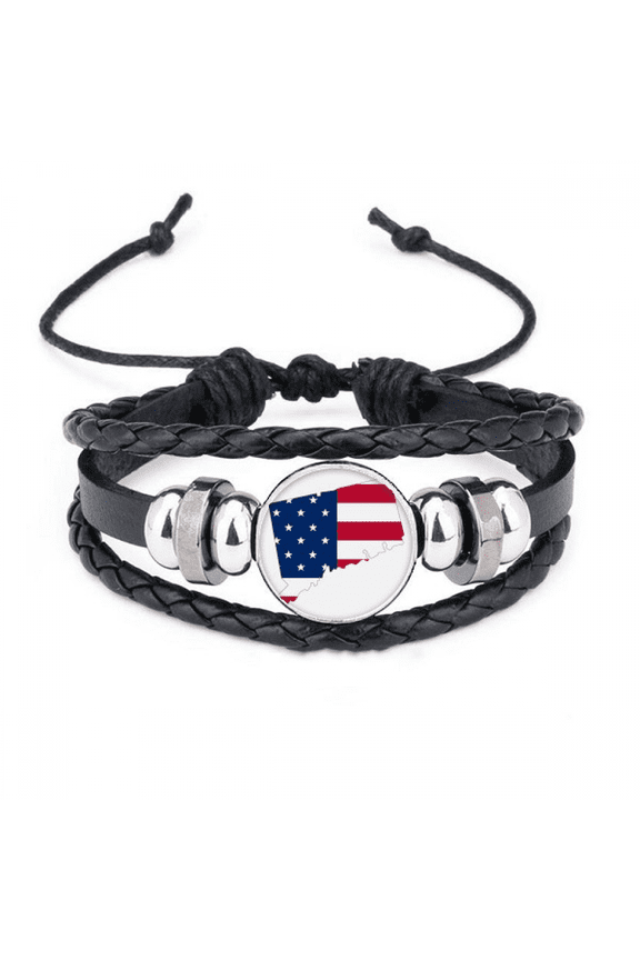 connectic usa map stars tripes flag shape bracelet braided leather woven wristband