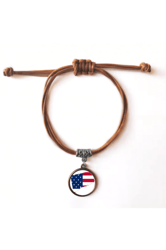 connectic usa map stars tripes flag shape bracelet leather hide wristband brown jewelry