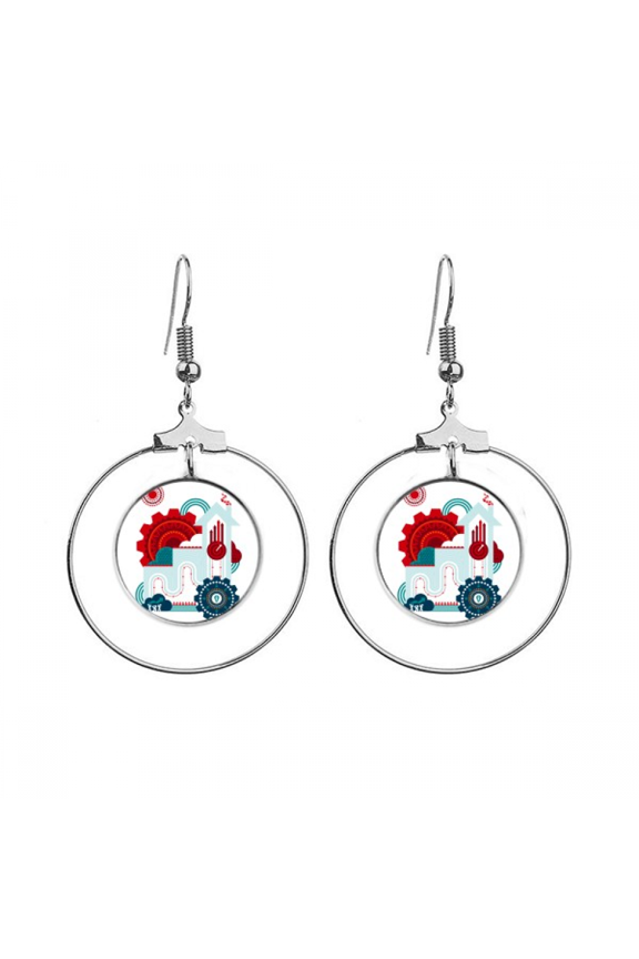 contrast-colour gear clock house illustration earrings dangle hoop jewelry drop circle