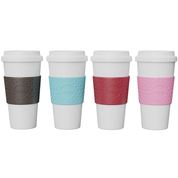 Copco Acadia Reusable To Go Mug, 16-ounce Capacity 4-pack (Pink, Azure, Brown, Red)
