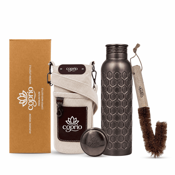 Coprio Copper Water Bottle 1 Ltr with Cleaning Brush & Carry Bag | 100% Pure Copper | BPA Free & Leak Proof | Easy to Carry | For Yoga, School & Office | Antique Honey Comb