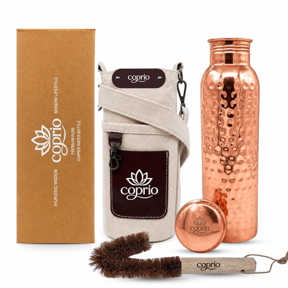 Coprio Copper Water Bottle 1 Ltr with Cleaning Brush & Carry Bag | 100% Pure Copper | BPA Free & Leak Proof | Easy to Carry | For Men & Women, Yoga, School & Office | Gifting (Hammered)