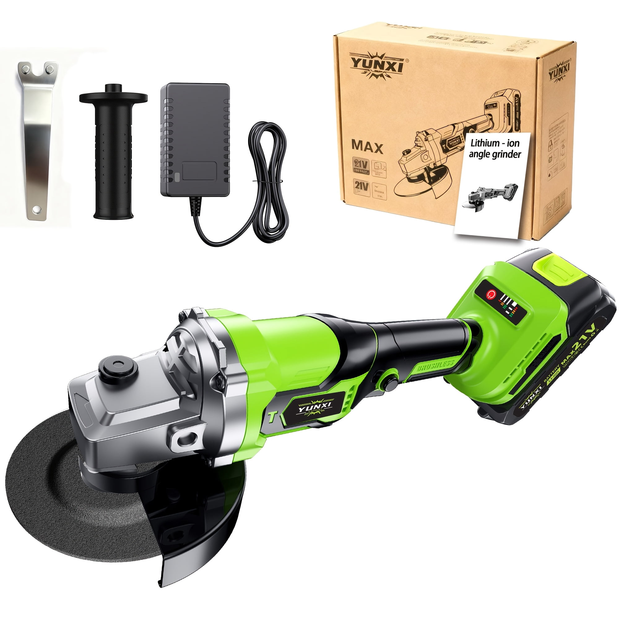 This cordless angle grinder features adjustable speed and comes with a full set of accessories, including a lithium-ion battery and a fast charger, making it ideal for home use and polishing tasks.