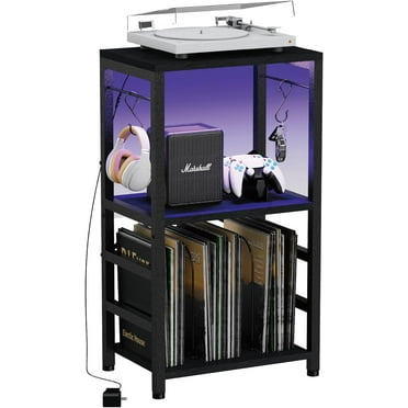 End Table with LED Light, Player Stand with Albums Storage,Vinyl Records Storage,Turntable Stand Side Table for Music Room Studio Living Room Bedroom-Modern Black