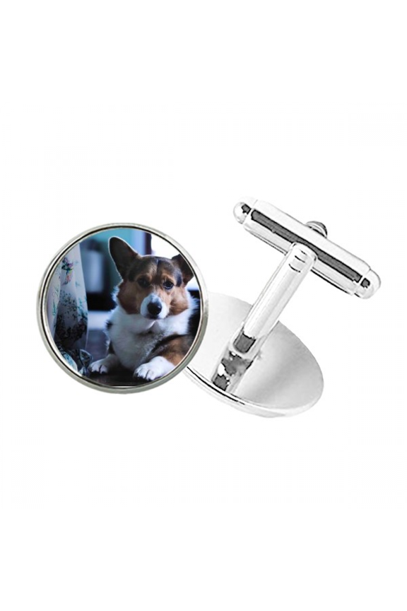 corgi dog pet animal lly picture round button cuff clip stud cufflinks