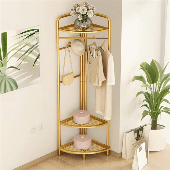 corner coat rack,corner hall tree,metal clothes rack,gold clothing rack with storage basket and hooks,corner garment rack for bedroom,living room,entryway.corner storage rack for clothes.