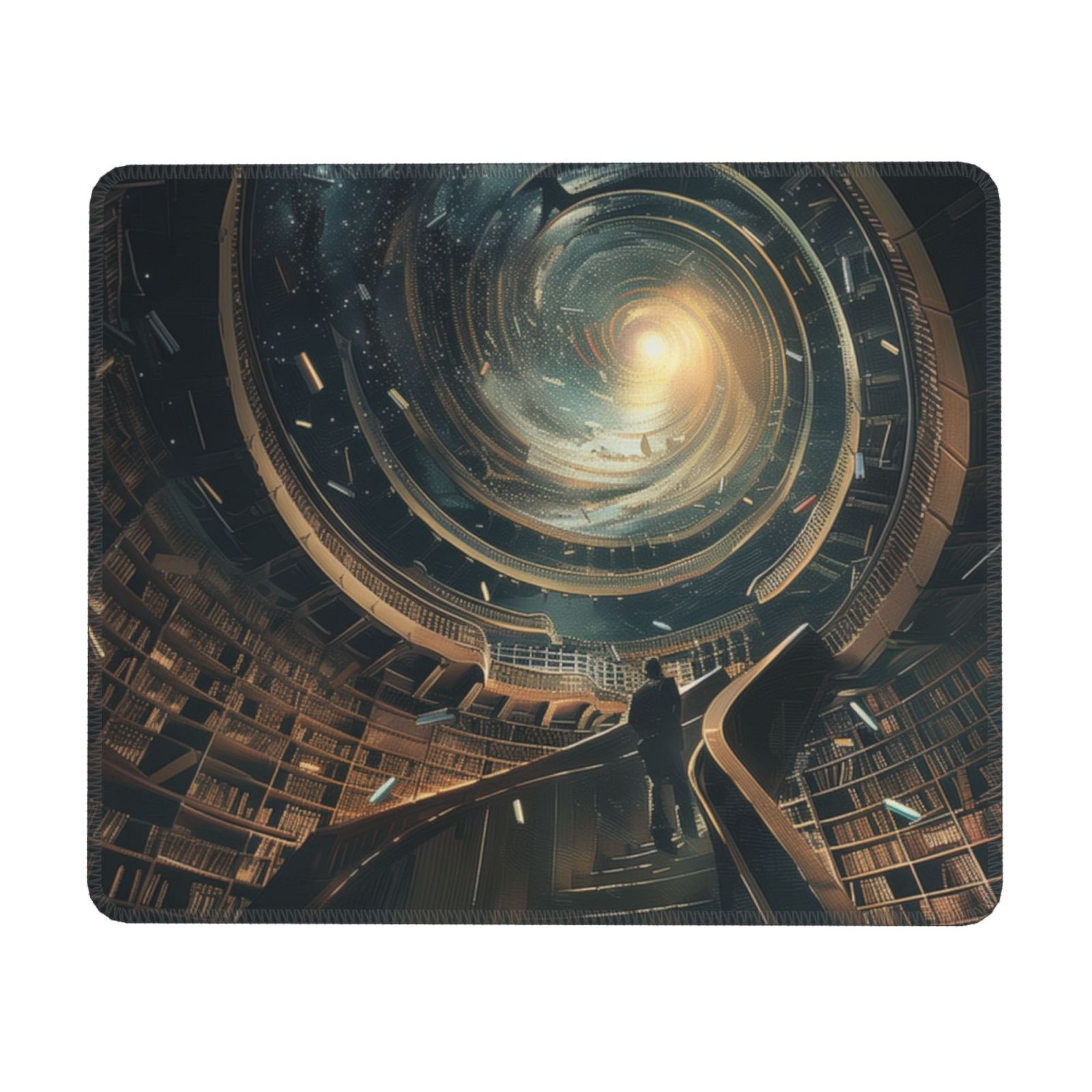cosmic library staircase with lone figure mouse pad, personalized mouse