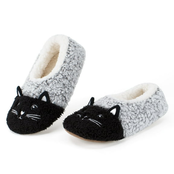 cosyone1997 Cute Fuzzy Animal Slippers for Girls, Warm Fluffy Bedroom Shoes Indoor, Cozy House Socks Non-slip Grip Soles, Winter Funny Gifts Unique, Cat Toddler Kid Size 5-7
