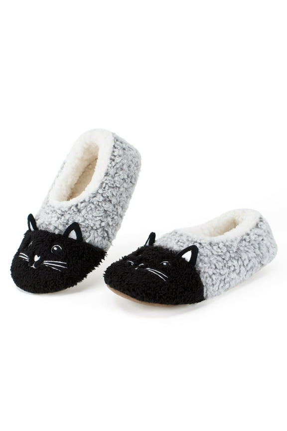 Cute Fuzzy Animal Slippers for Girls, Warm Fluffy Bedroom Shoes Indoor, Cozy House Socks Non-slip Grip Soles, Winter Funny Gifts Unique, Cat Toddler Kid Size 5-7