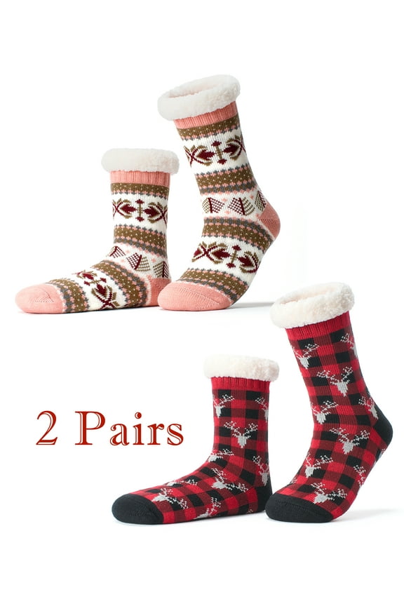Women’s 2-Pair Fuzzy Slipper Socks with Grips, Warm House Socks