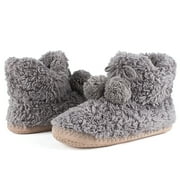 cosyone1997 Women's Fluffy Cute Bootie Slippers with Pompoms, Winter Indoor Soft House Boots, Fuzzy Warm Bedroom Slip-on Shoes, Unique Christmas Gifts, Grey Adult Size 7-8