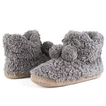 cosyone1997 Women's Fluffy Cute Bootie Slippers with Pompoms, Winter Indoor Soft House Boots, Fuzzy Warm Bedroom Slip-on Shoes, Unique Christmas Gifts, Grey Adult Size 7-8