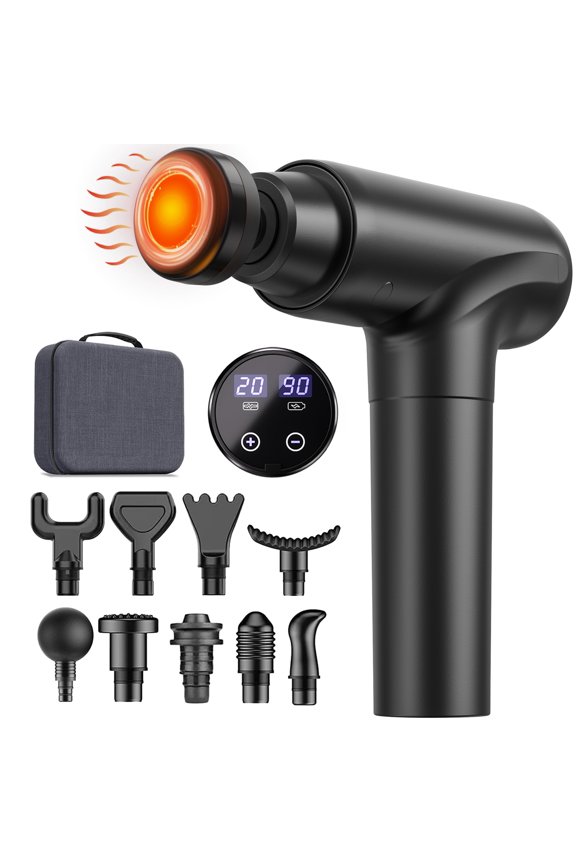 Massage Gun with Heat Head, Muscle Massage Gun Deep Tissue Back Massager for Pain Relief, 20 Speeds Handheld Electric Massager Tool with Silent Brushless Motor, Gym Office Home Travel Use