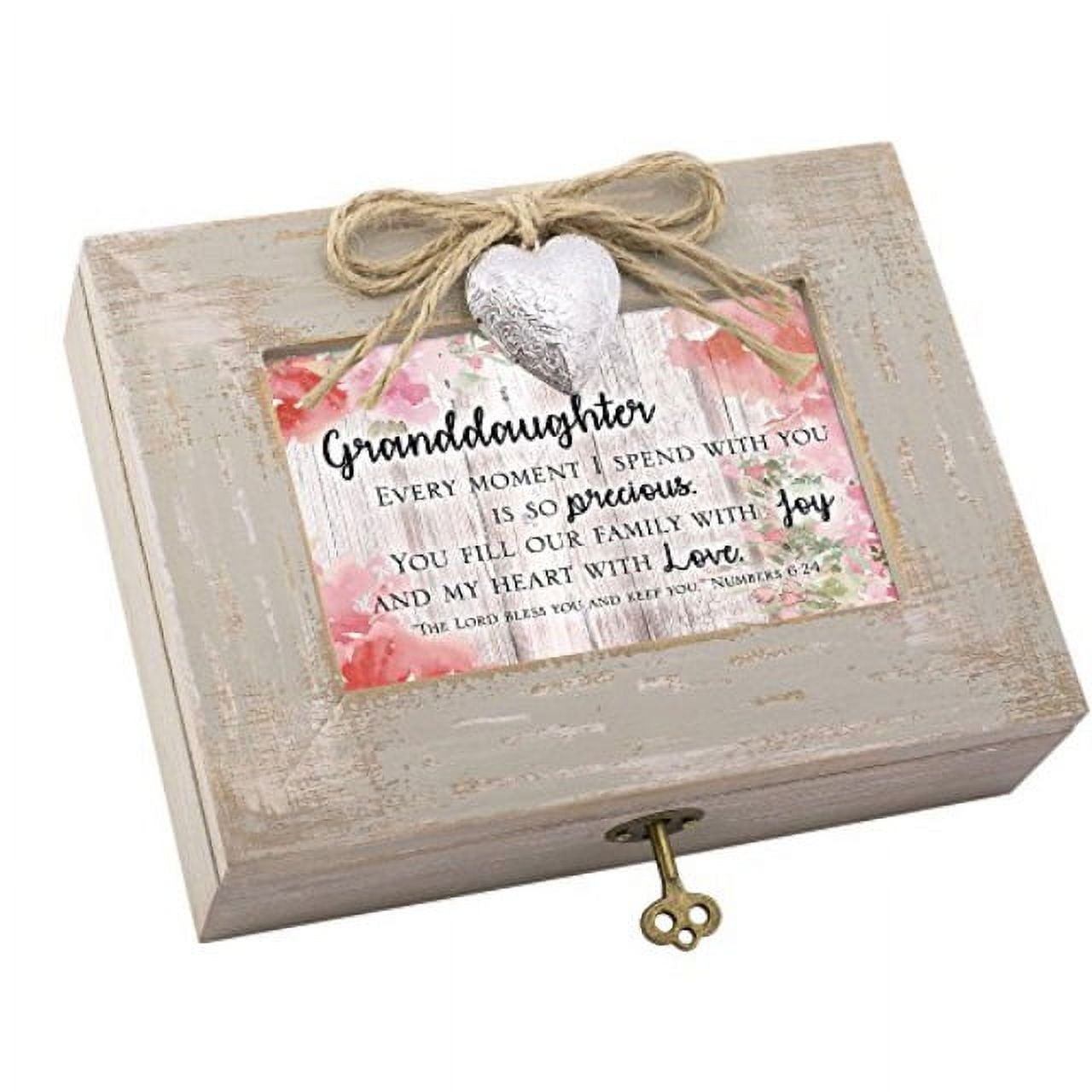 Granddaughter Music Jewelry Box - Blush Pink Distressed Wood, Plays Amazing Grace, Holds Photos In Locket, 8.5x6.5 Inches