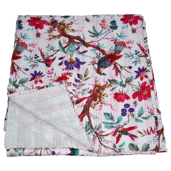 cotton kantha quilt Bedding throw coverlet bedspread single size Handmade blanket White Bird Print
