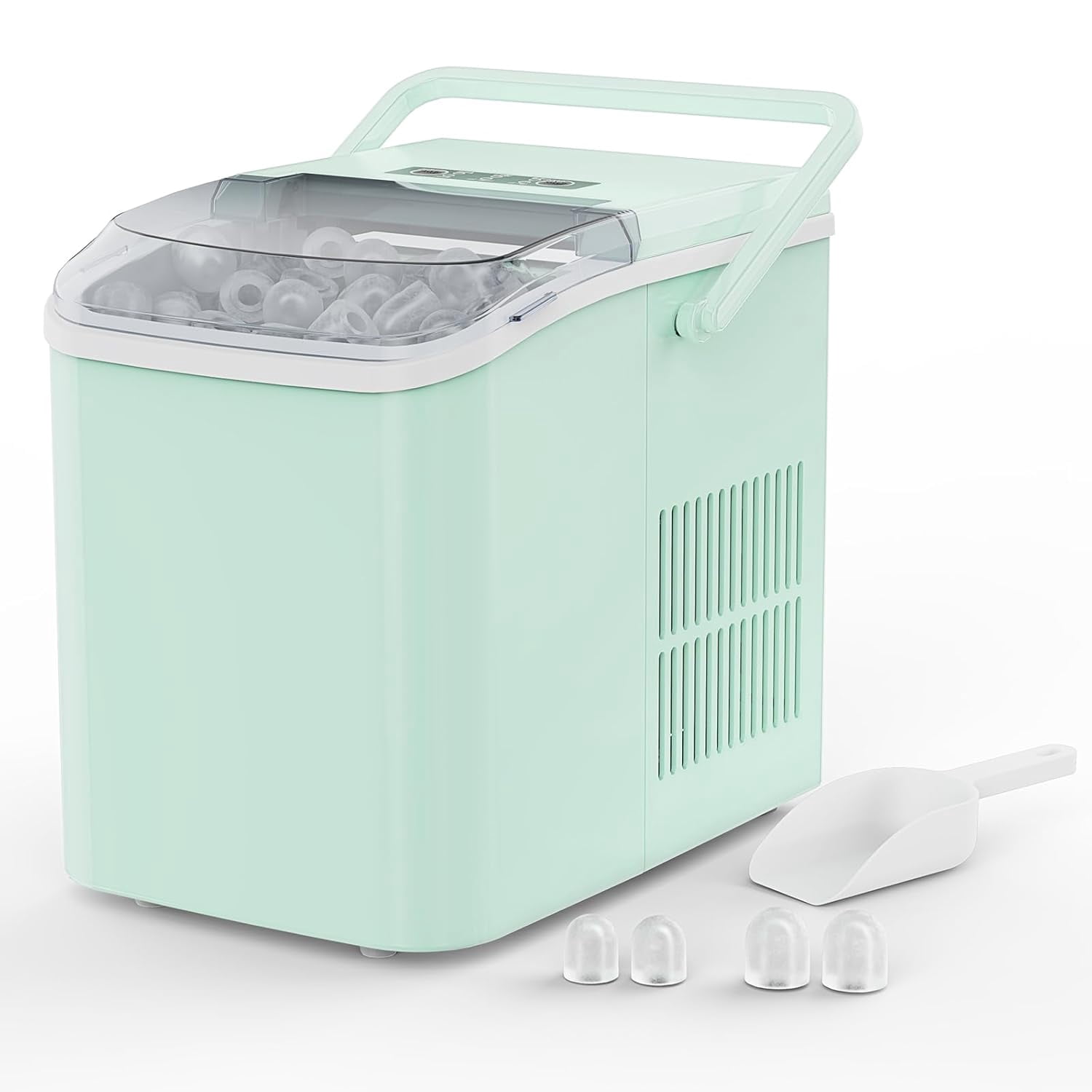 This countertop ice maker with a handle is portable and makes 9 bullet-shaped ice cubes in 6 minutes. It produces 26 pounds of ice in 24 hours, features automatic cleaning, and comes with a strainer