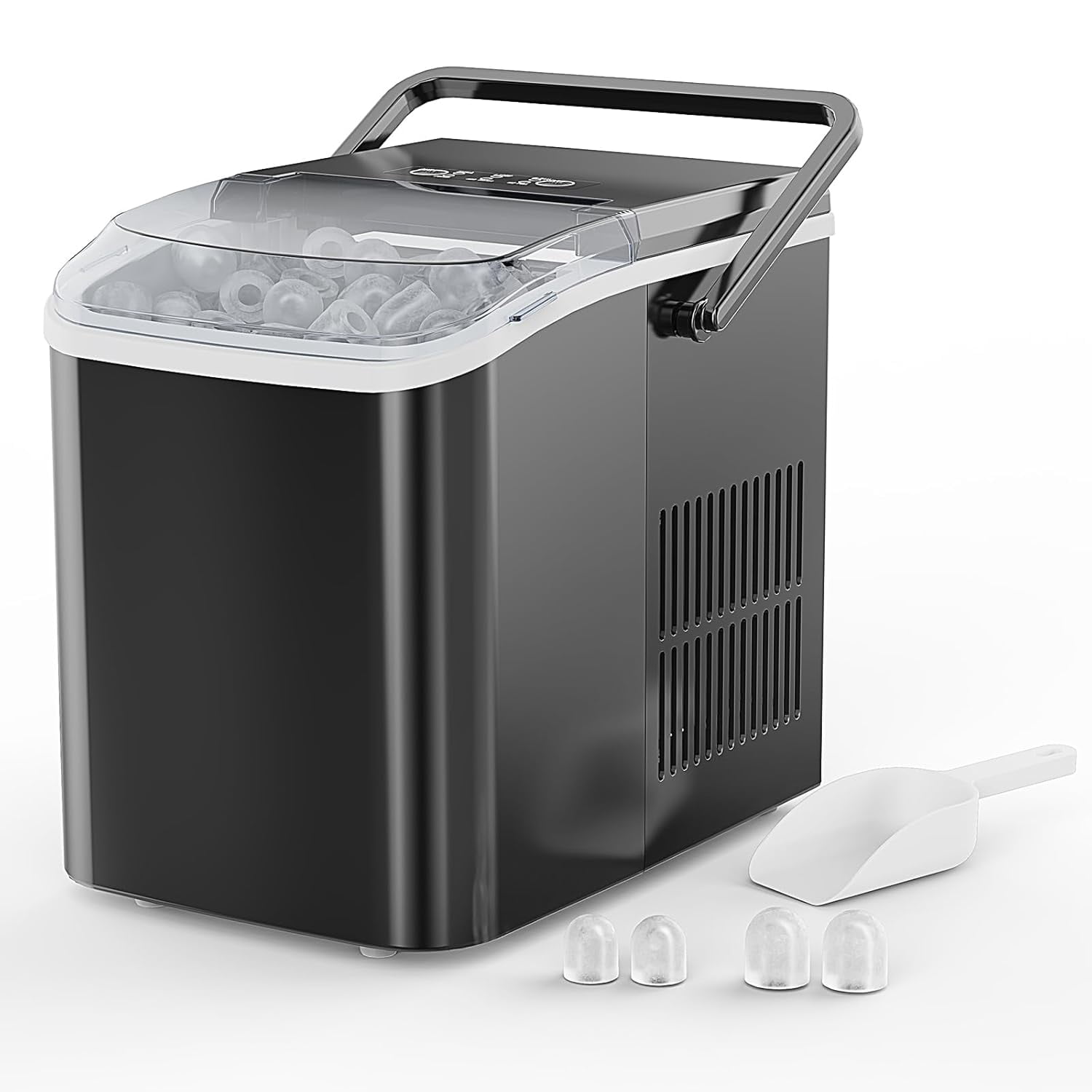 This countertop ice maker with a handle is portable and makes 9 bullet-shaped ice cubes in 6 minutes. It produces 26 pounds of ice in 24 hours, features automatic cleaning, and comes with a strainer