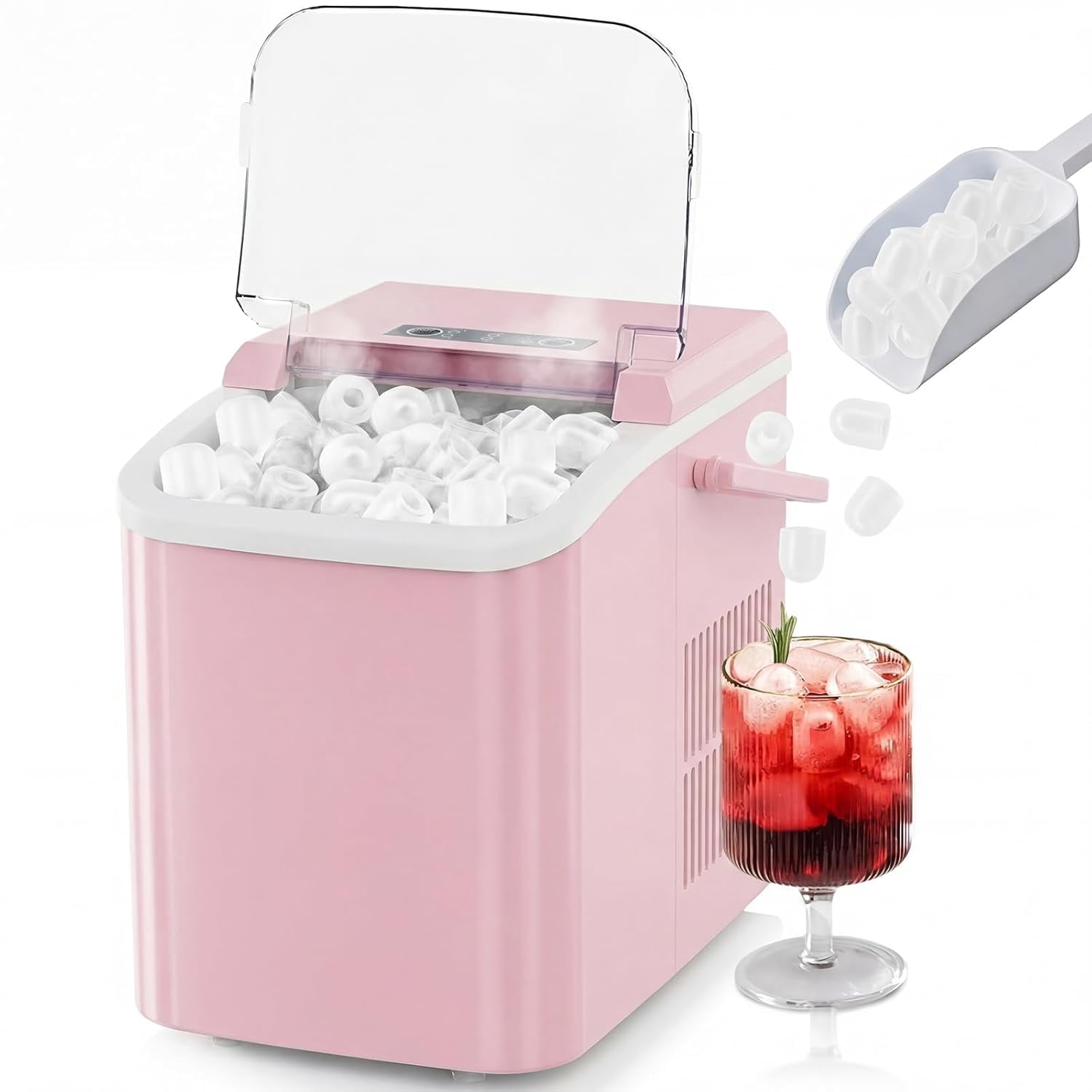 This countertop ice maker with a handle is portable and makes 9 bullet-shaped ice cubes in 6 minutes. It produces 26 pounds of ice in 24 hours, features automatic cleaning, and comes with a strainer