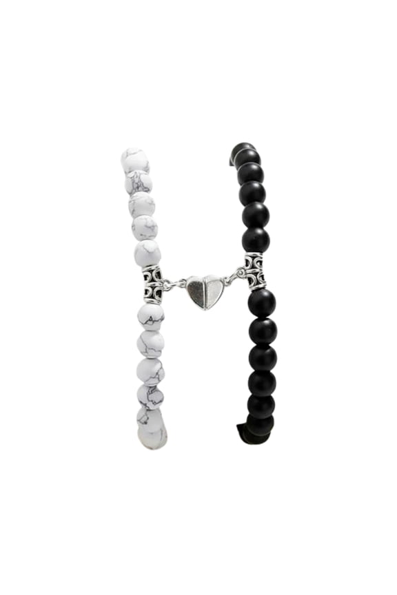 couple bracelet set pack of 2 black matte white marble bead stretch wrist band heart charm matching unisex jewelry gift for men women friendship stylish accessory