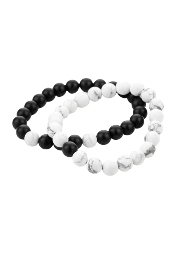 couple bracelet set pack of 2 black matte white marble bead stretch wrist band for men women matching unisex jewelry friendship gift stylish accessory