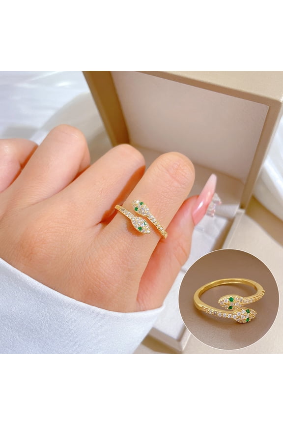 couple two-headed snake zircon gold ring; Emeralds adjustable opening men's/women all-purpose jewelry