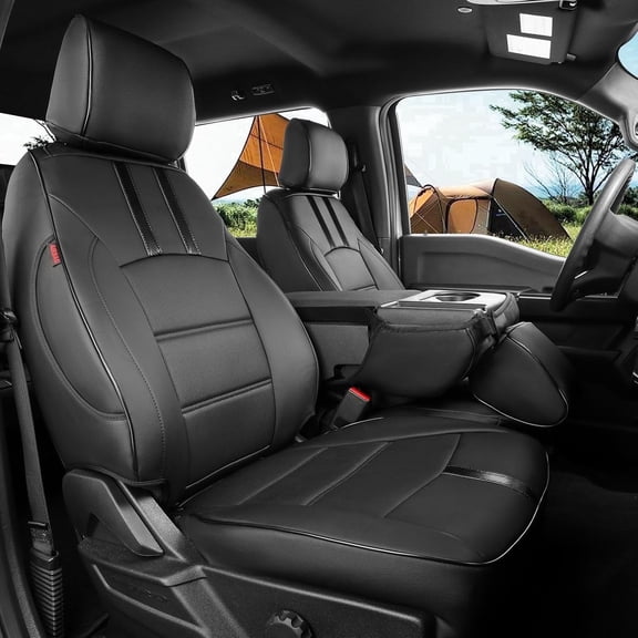 coverdream F150 Seat Covers Full Set for 2015-2020 Ford F150 SuperCrew XL,XLT & 2017-2022 F250/F350 Crew Cab XL,XLT Pickup,Rear no Armrest - Waterproof Leather Car Seat Protector(Black Carbon Fiber)