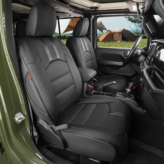 coverdream Front Wrangler Seat Covers For 2018-2026 Jeep Wrangler Rubicon,Sport,Sahara,Rear Split Seat w/No Armrest - Waterproof Faux Leather(Front Seat,Black Carbon Fiber)