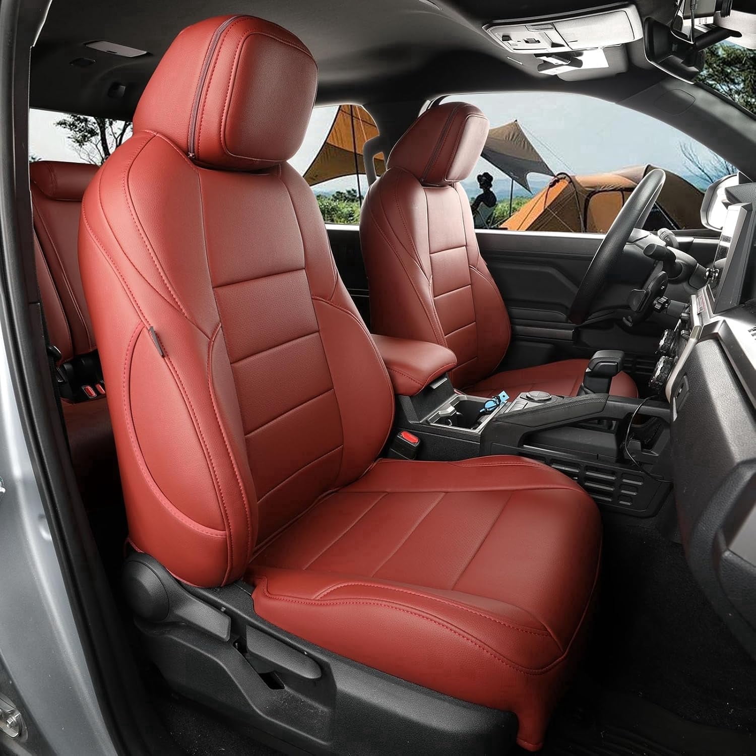 coverdream Tacoma Seat Covers Full Set for 2024-2026Toyota Tacoma Double/Crew Cab SR,SR5,TRD Pro/Sport - Waterproof Leather Auto Seat Covers(Wine Red)