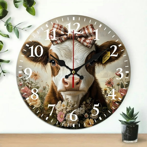 cow flowers bow Round Wooden Wall Clock for Home Decor Wall Decor for Linving Room, Battery Operated (AA Not Included) Perfect for Living Room, Dorm, Bedroom, Kitchen, Home Office & More, Wall Clock L