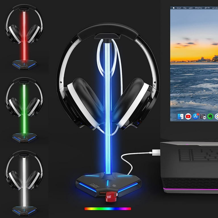 cozoo RGB Headphone Stand with 2 USB2.0 Extension Charging Port Extender Cord Headset Stand Holder for Gamer Desktop Table Game Earphone Accessories
