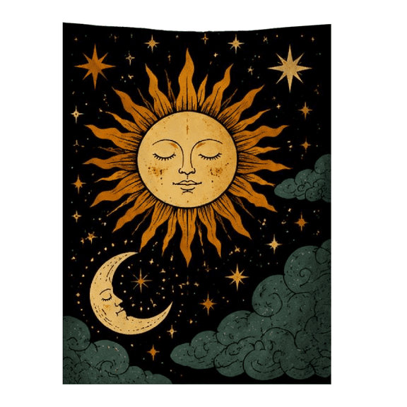 A cozy flannel blanket with celestial night sky, suns, moons, faces, clouds, and stars, soft and warm, great for living room, bedroom, travel, or gifting.