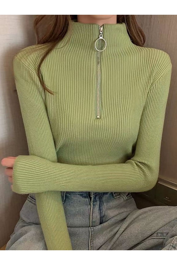 cozy sweater pullover sweater knit sweater Women Fashion Solid Knitted Sweaters Vintage Long Sleeve Zipup Basic Half Turtleneck Sweater Female Pullovers Chic