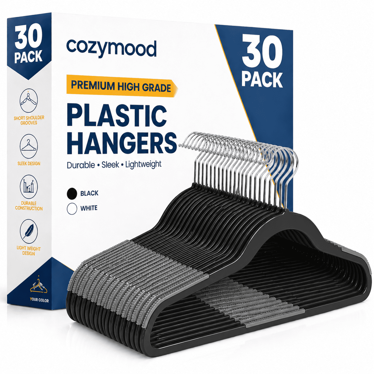 cozymood 30 Pack Heavy Duty Plastic Hangers, Non-Slip Slim Closet Hangers for Coats, Shirts & Pants, Black