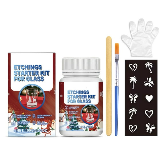 cpengpj 100g Glass Frosted Etching Set - All-Inclusive Kit with Paste, Template, Brush & Gloves, Non-Fading Etched Patterns for Cups/Glassware