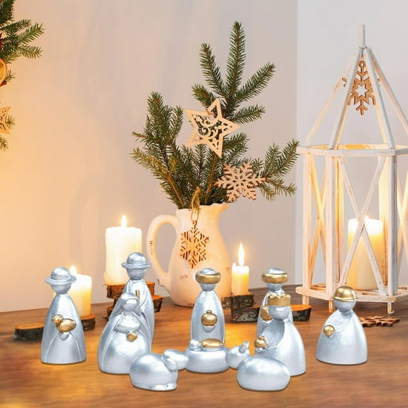 cpengpj 10Pcs Resin Nativity Scene Ornament Set, Multicolor and Silver Religious Christmas Decor, Handcrafted Savior Birth Figurines for Home Holiday Display (6x3x3cm)