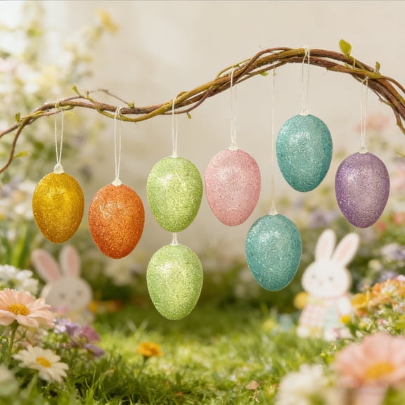 cpengpj 24 Pieces Random Style Easter Hanging Eggs Ornaments Colorful Easter Eggs Tree Decoration Hand Painted Plastic Hanging Ornaments for Tree Basket Party Favors Home Decorations