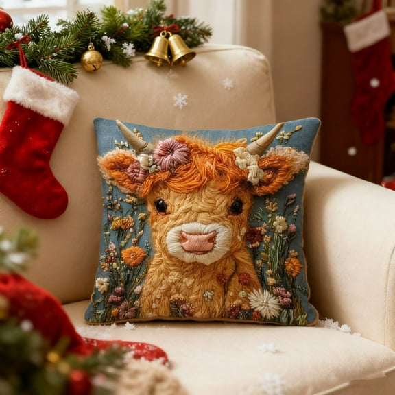 cpengpj 2D Floral Calf Print Pillow Cover, Soft Short Lint Decorative Sofa Cushion 45x45cm, Multicolor Home Decor for Living Room Bedroom (Cute Highland Cow Design)