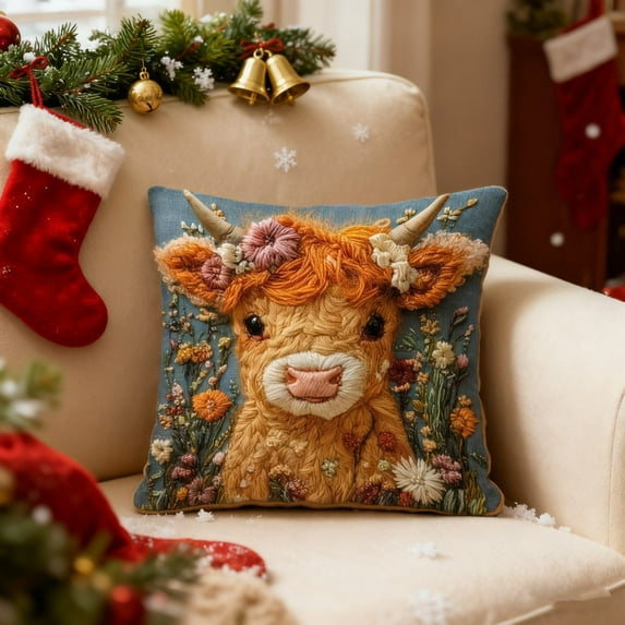 cpengpj 2D Floral Calf Print Pillow Cover, Soft Short Lint Decorative Sofa Cushion 45x45cm, Multicolor Home Decor for Living Room Bedroom (Cute Highland Cow Design)