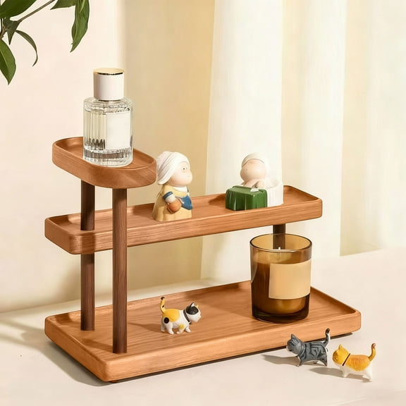 cpengpj 3-Tier Solid Wood Storage Display Rack for Tea Set, Cups, Cosmetics and Perfume Organizer, Space-Saving Desktop Shelf, Beige/Coffee/Brown Color, Durable Multi-Purpose Home Decor