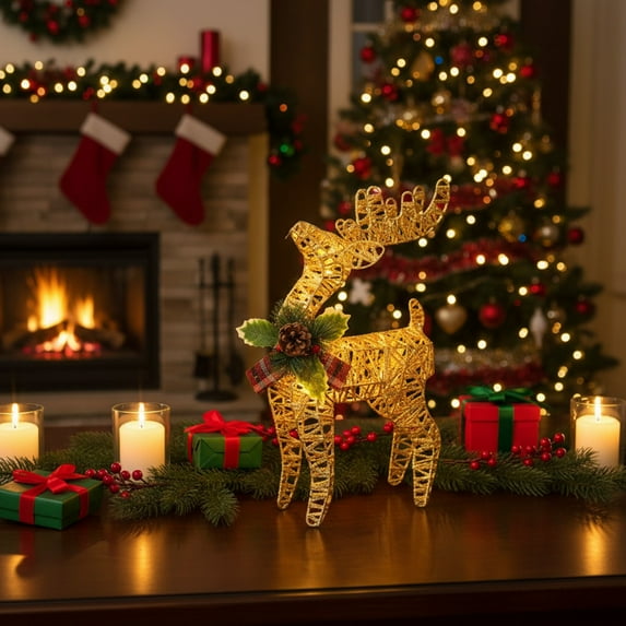 cpengpj 30CM (11.8in) High Christmas Glowing Reindeer Figurine - Gold Iron Art Decoration with Lights, Indoor/Outdoor Ornament for Under Christmas Tree, Yard & Living Room (1 Piece)