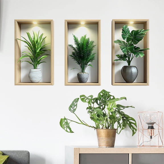 cpengpj 3D Potted grow Pattern Wall Sticker 3-Pack,Self-Adhesive Removable,for Living Room Background Wall Decoration