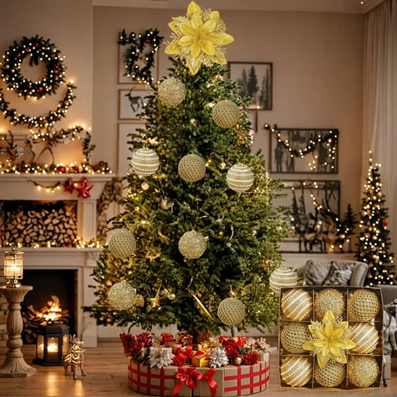 cpengpj 9Pcs Christmas Ornaments Set with Flower, Plastic Hanging Light-Up Balls, Multi-Color Textured Designs for Holiday Tree Decorations