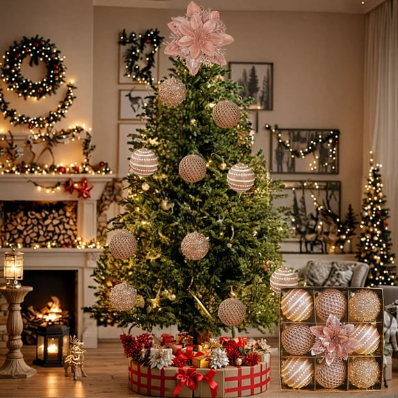 cpengpj 9Pcs Christmas Ornaments Set with Flower, Plastic Hanging Light-Up Balls, Multi-Color Textured Designs for Holiday Tree Decorations