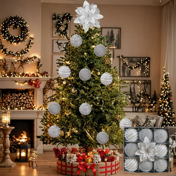 cpengpj 9Pcs Christmas Ornaments Set with Flower, Plastic Hanging Light-Up Balls, Multi-Color Textured Designs for Holiday Tree Decorations